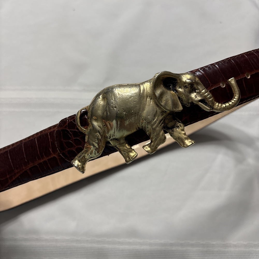 Vtg Elite Fresno California Leather Belt Elephant Brass Leather  size M